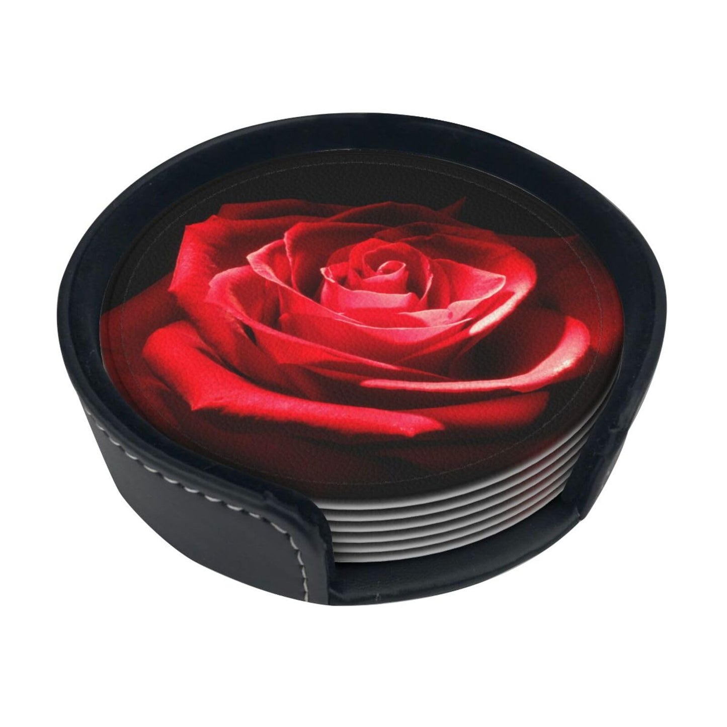 Stylish Red Rose Flower Coasters For Drinks Round Leather Coaster With Holder Set Of 6 For Tabletop Protection Desk Accessories Office Home Room Decor
