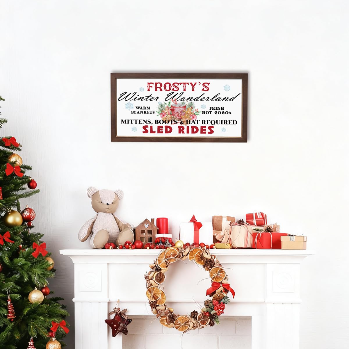 Frosty's Winter Wonderland Sign, Christmas Wall Decor, Winter Home Decor, Christmas Decoration Signs for Home Bar Cafe Decors, Rustic Framed Wooden Plaque 15×7.5×0.3 inches