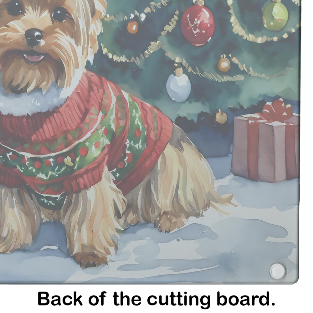 Caroline's Treasures DAC2768LCB Yorkshire Terrier Cozy Christmas Glass Cutting Board Large Decorative Tempered Glass Kitchen Cutting and Serving Board Large Size Chopping Board