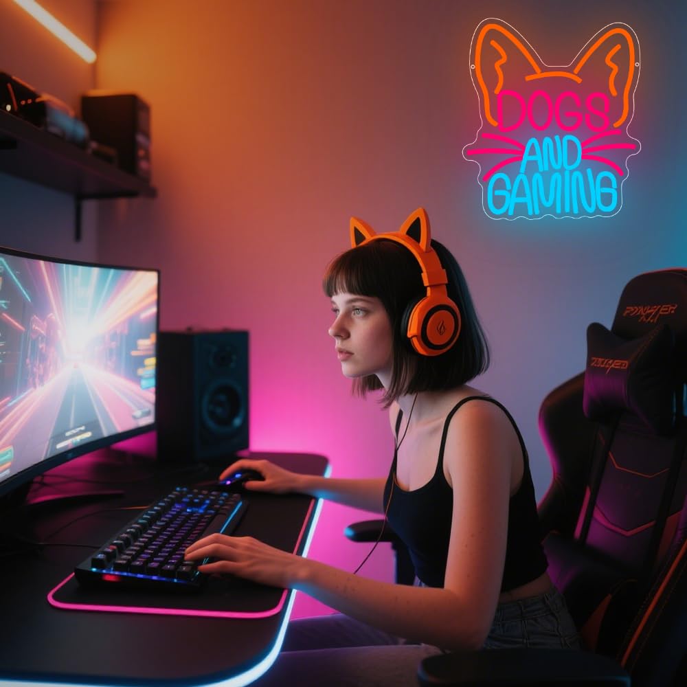 RuCvixkt Dog Gaming Neon Sign for Wall Decor, Game Neon Lights for Bedroom Man Cave Game Room Home Party Decor, Gift for Boy Women Party Birthday Christmas