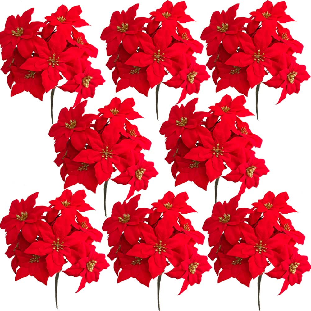 WISTART 8 Pack Christmas Artificial Poinsettia Flowers Velvet Plastic Floral Bouquet Small 7 Head Silk Red Shrub Fake Flowers Arrangement for Winter Indoor Outdoor Home Porch Xmas Holiday Decor