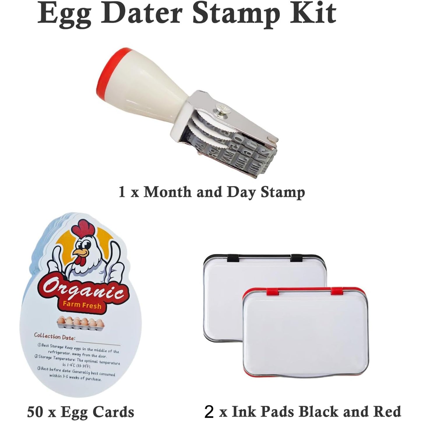 Aunewrick Egg Dater Kit, Date Stamp, 2 Fade-Resistant Inks (Red & Black), Stamper Pad, 50 Farm Fresh Eggs Instructions, for Chicken Duck Turkey Goose Eggs