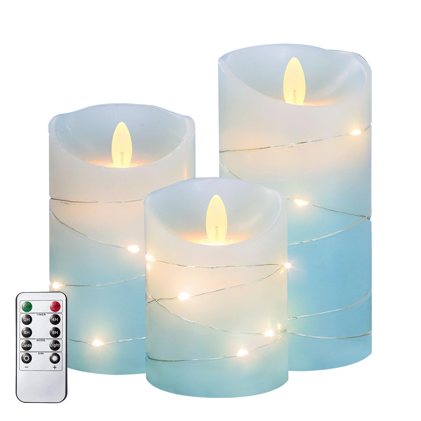 MELTONE Nautical Flameless Candles with String Lights Real Wax Ocean Blue Flickering Battery Operated Candles with Remote Control & Timer - Home Farmhouse Xmas Kitchen Dining Room Decor - Set of 3