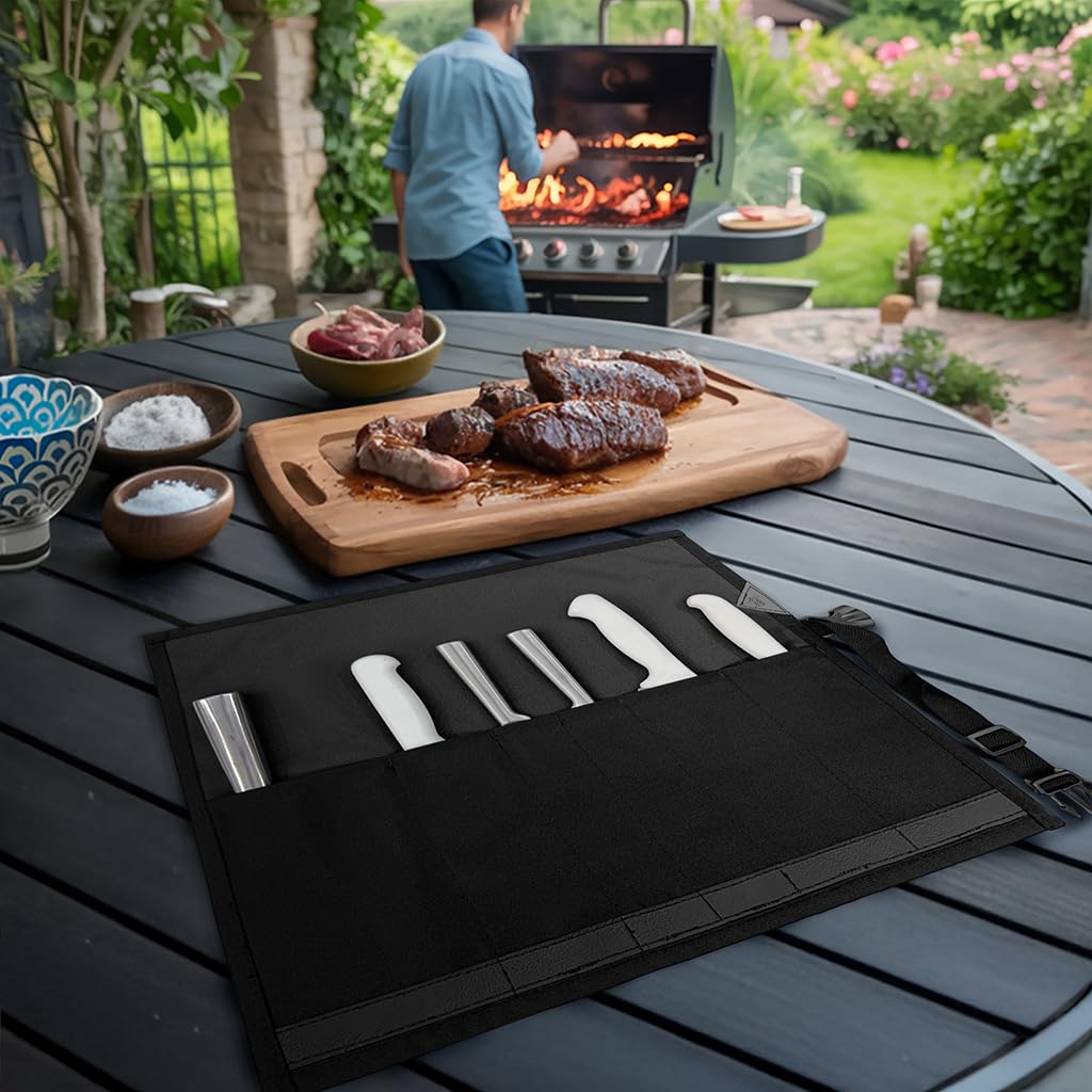 Under NY Sky Knife Roll Case - 6 Slots - Heavy Duty Oxford Canvas Pouch - Leather Reinforced - Portable Bag for Cooking Tools, Utensils, Cutlery Knives, Brushes - Chefs, Kitchen, Travel, Gift - Black