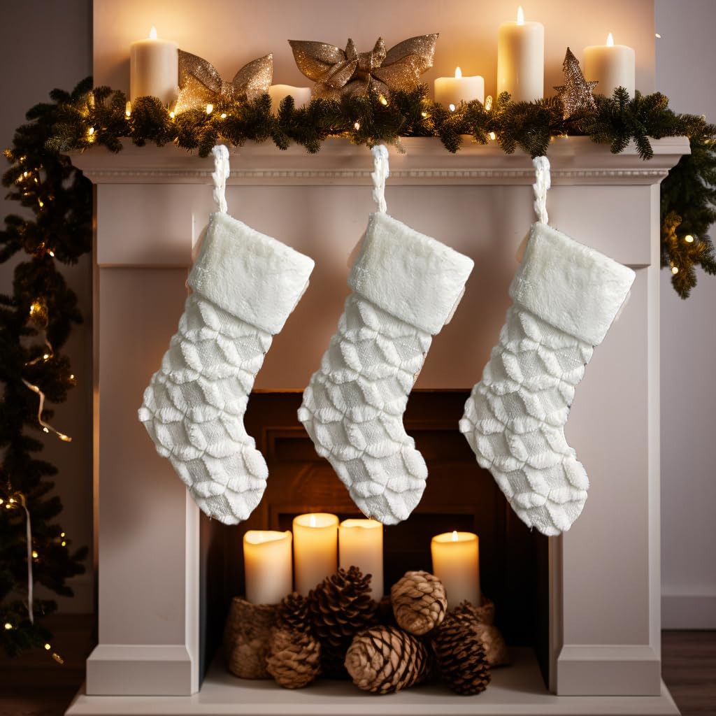 AOGU 3 Pack 18 Inch Faux Fur Christmas Stockings Cable Knit Knitted Thick Snowy White Xmas Christmas Stockings Hanging Ornaments Candy Gift Bags for Christmas Decorations