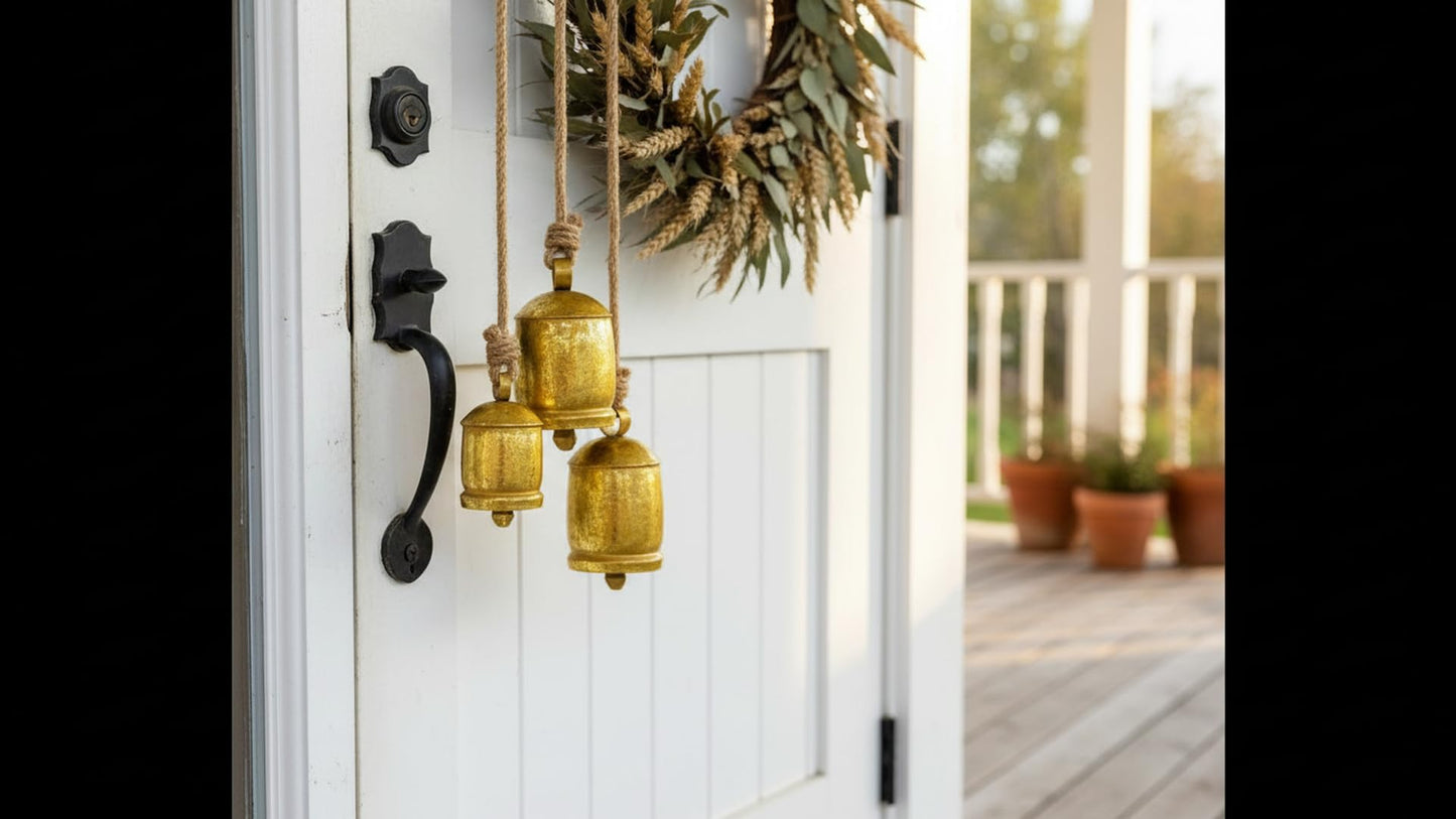 Christmas Handmade Rustic Finish Hanging Bells for Door Chimes on Jute Rope Shabby Chic Decorative Bells (Rustic Set of 3 4x6x7.5)