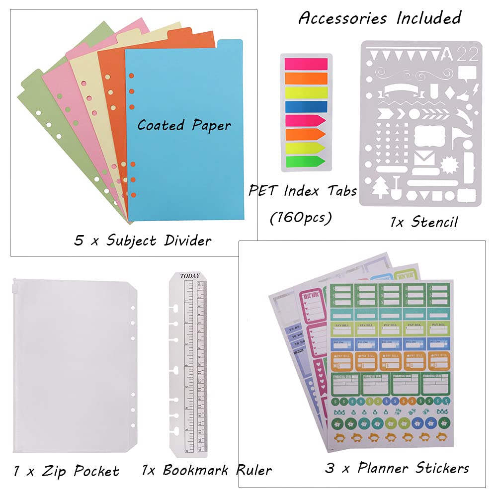 HXRTANGS A5 Refillable Notebook, Ring Binder Journal Personal Organizer with Lined Paper + Planner Stickers + Subject Dividers + Index Tabs + Bookmark Ruler + Zip Bag + Stencil, Navy Blue