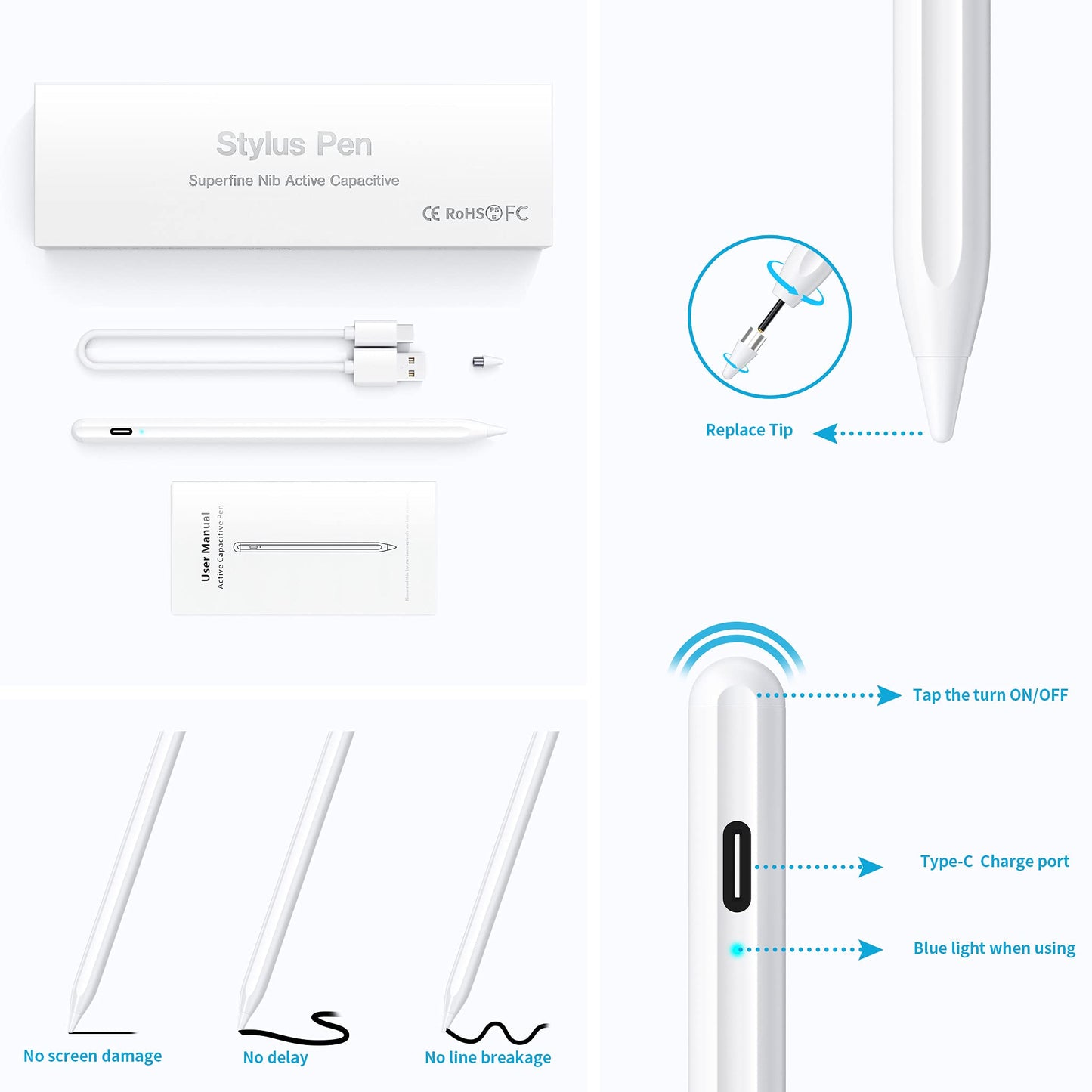 Stylus Pen for Touchscreen, Compatible for Android & iOS Phones/Tablet, Fast Charge Universal Stylus Pen for i-Phone, i-Pad, Tab A9+, High Sensitivity & Precision Stylist Pencil for Writing/Drawing