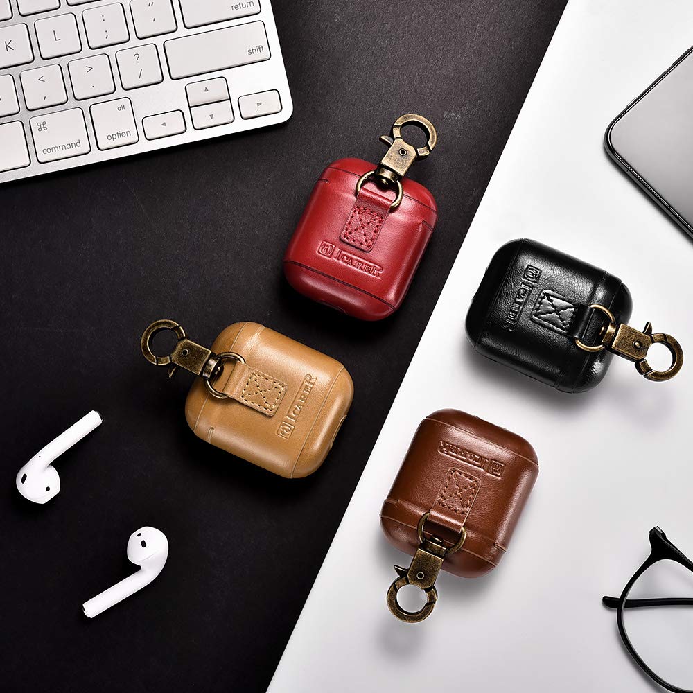 AirPods Leather Case, ICARER Genuine Leather AirPod case with Keychain and Led Light for Apple AirPods 2 Case & Airpods 1, Support Wireless Charging (Black)