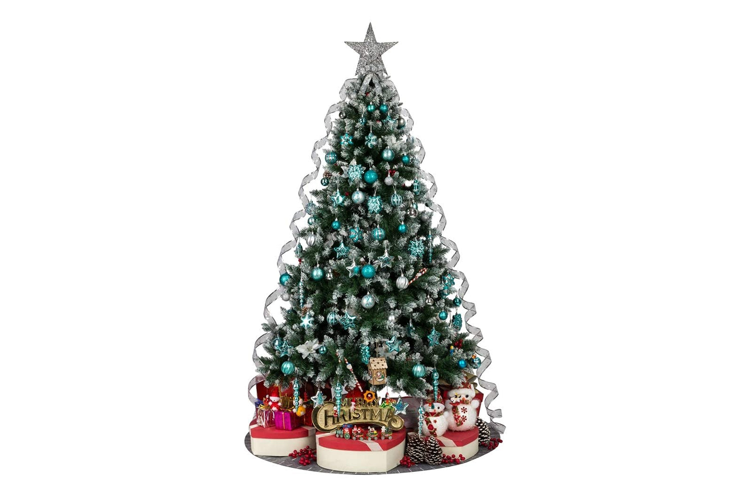 AUXO-FUN 73ct Assorted shatterproof Christmas Ornaments Luxury Collection Set in Reusable Hand-held Gift Package for Christmas Tree Decoration (Turquoise & Silver)