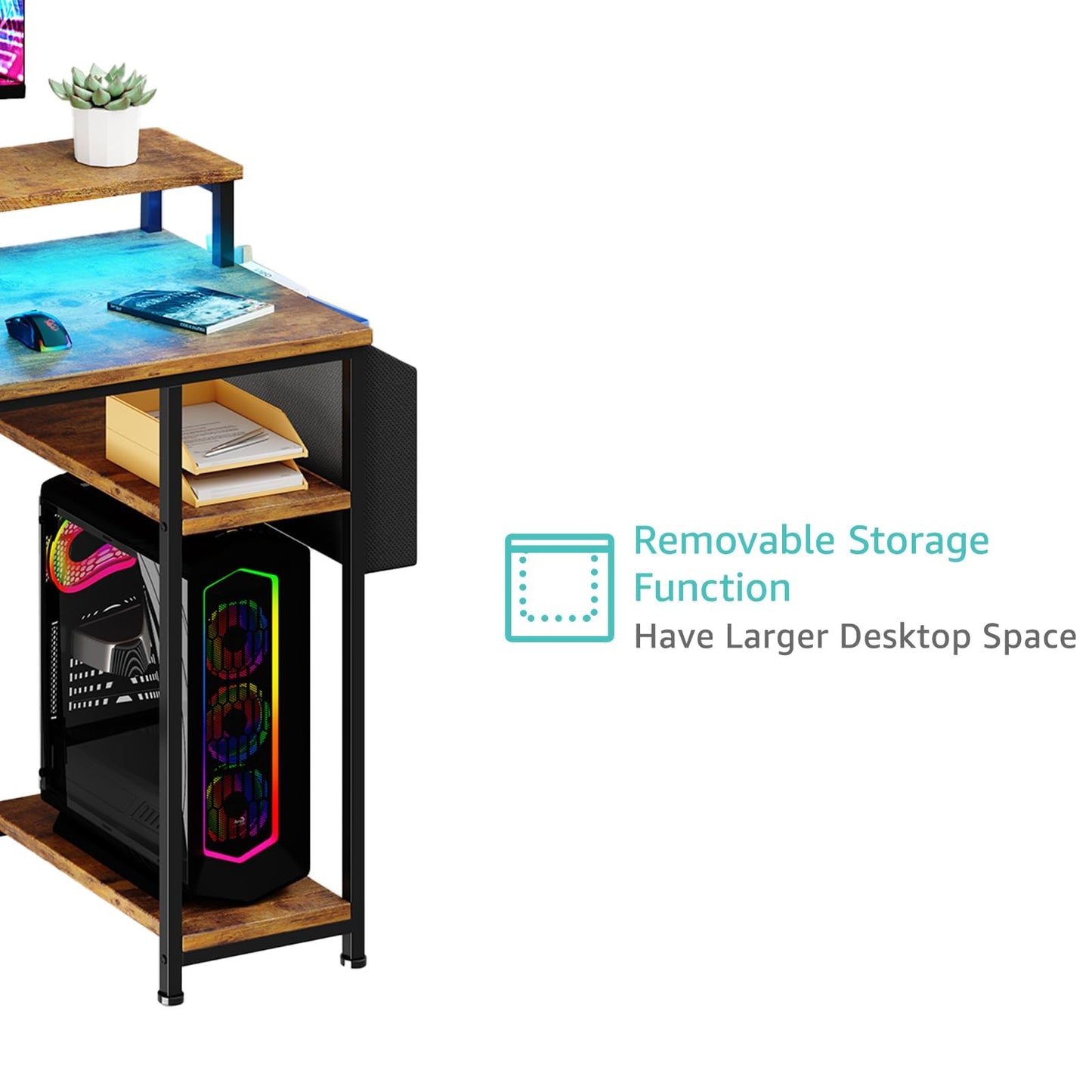 Lufeiya Gaming Desks with Led Lights and Power Outlets, 55 Inch Study Writing Computer Desk with Fabric File Drawers Cabinet for Bedroom, Home Office Desk with Shelves Monitor Stand, Rustic Brown