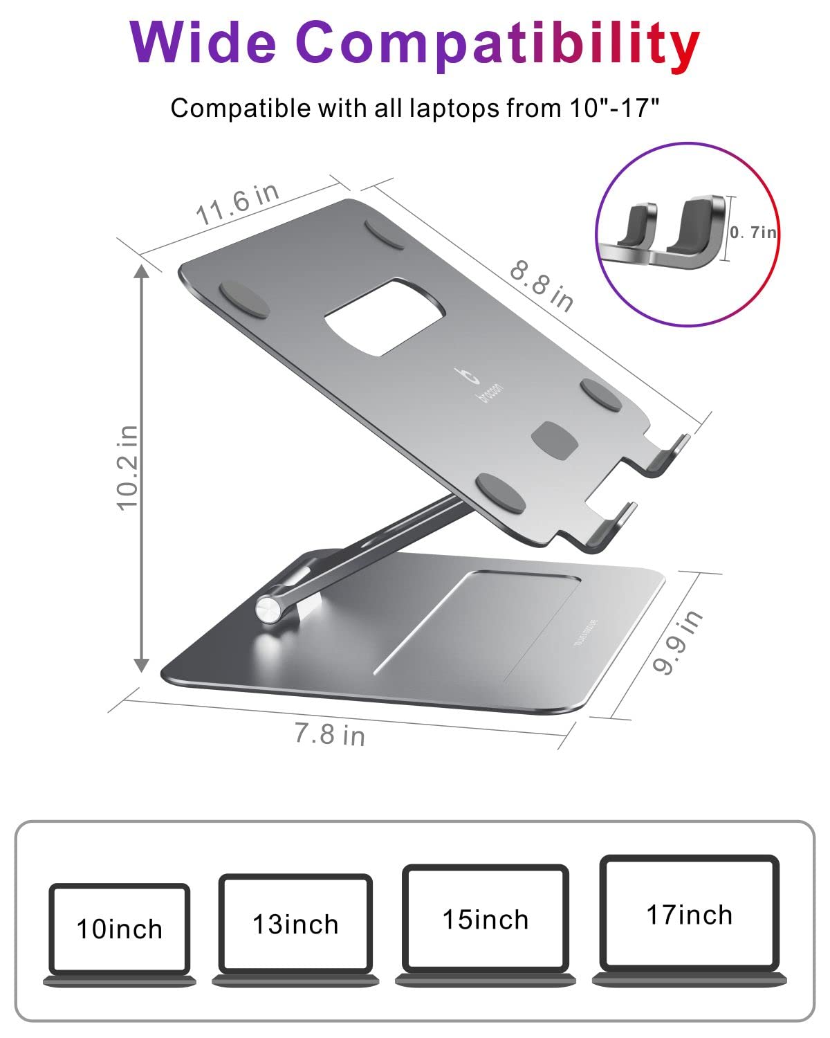 brocoon Adjustable MacBook Laptop Stand for Desk | Ergonomic Aluminum Laptop Riser with Heat-Vent, Compatible for 10-17" Laptops, Space Grey