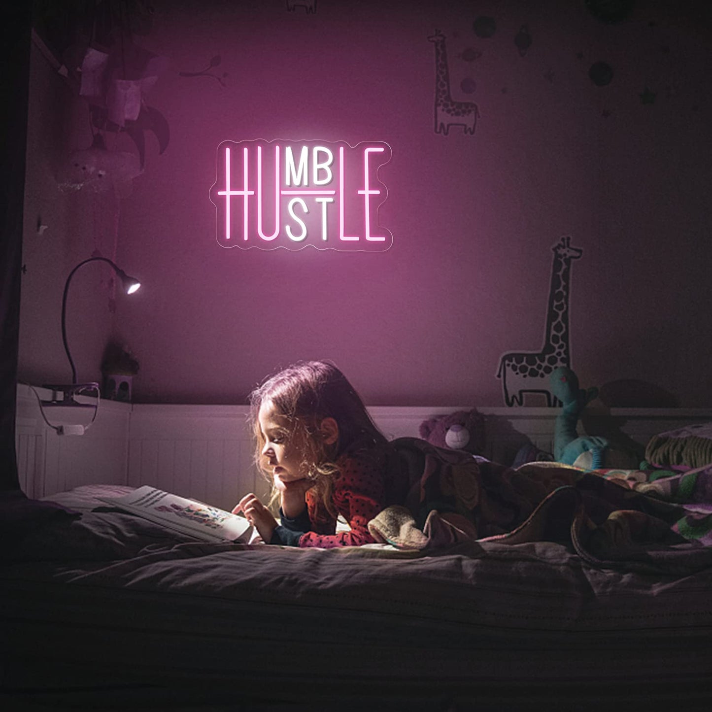 YIKBIK Hustle LED Neon Sign for Wall Decor, Humble LED Neon Lights for Party Decorations, USB Powered Switch Adjustable Brightness Lights, for Office Room, Gym Room, Man Cave Decor (Pink&White)