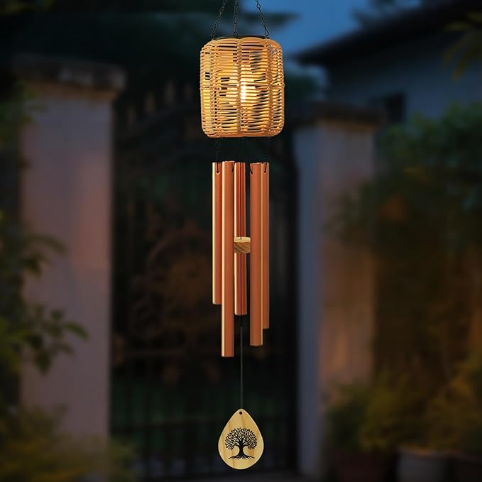 Solar Wind Chimes with Rattan Lantern Outside Lighted Wind Chime for Garden, Patio, Yard – Decor for Festivals/Birthday/Christmas, fot Women Men Home Garden Patio Decor