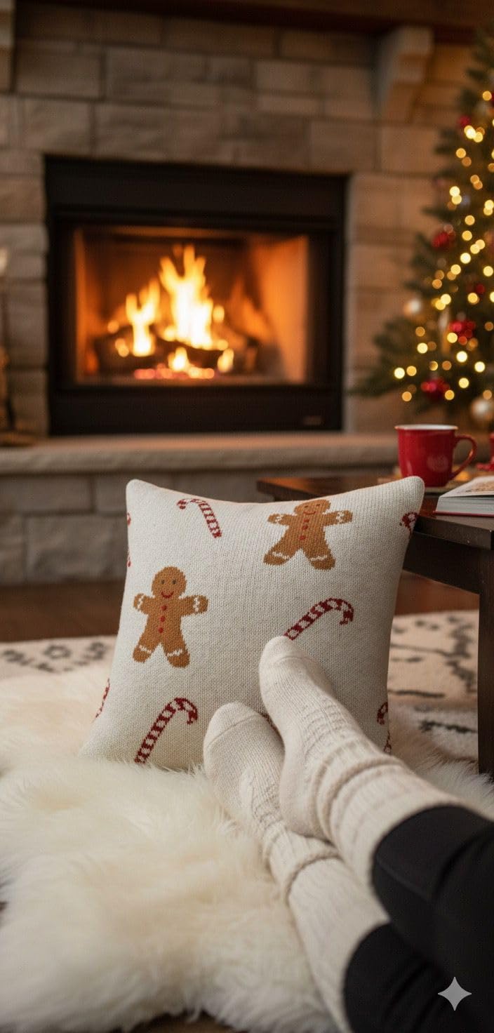 Christmas Decorative Throw Pillow Cover, White with Gingerbread Man and Candy Cane Pattern, Cotton Knit, Holiday Home Decor Pack of 2