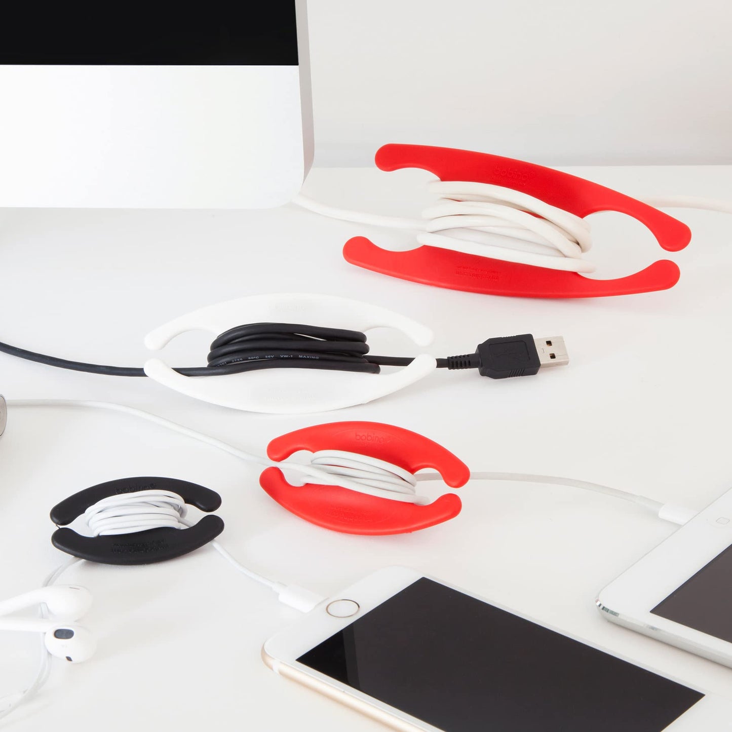 Bobino Cord Wrap - Medium - 3 Piece Pack - White - Stylish Cable and Wire Management / Organizer