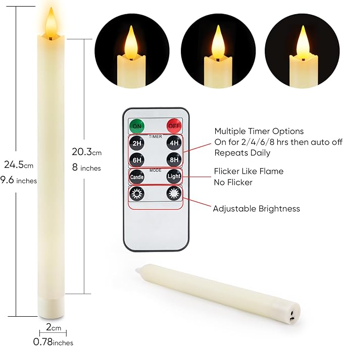 Homemory Rechargeable Flameless Taper Candles, Real Waxy LED Candlesticks Flickering, Battery Operated Candles with Remote Timer, 9.6 Inches for Home Wedding Christmas Decor, 6 Pcs, Ivory