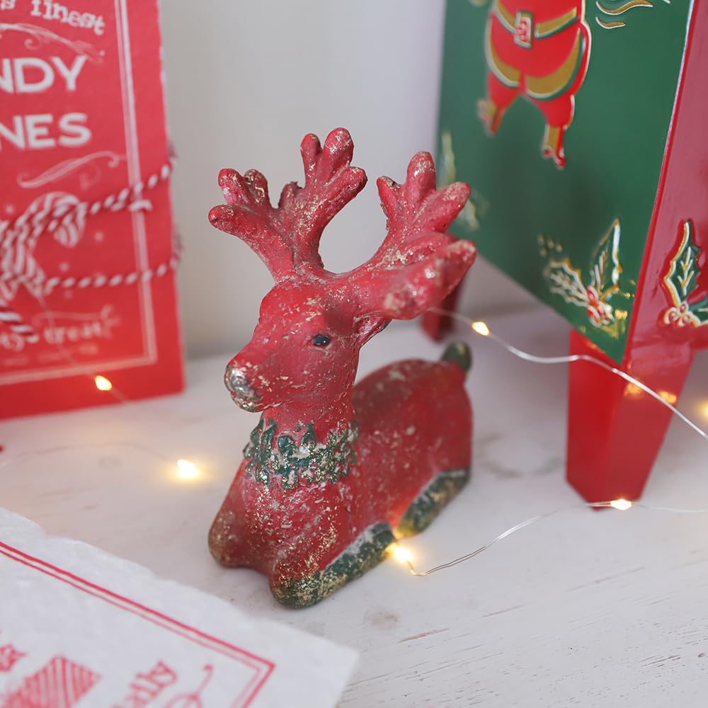Quorvynne Christmas Reindeer Figurines,5.12 * 3.54 * 5.7inches Animal Reindeer Decor Deer Statues Sculpture Tabletop Ornaments for Cabinet Mantel Shelves Fireplace Home Décor Accents(Red)