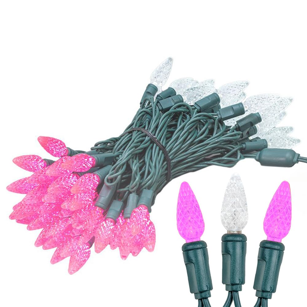 Novelty Lights 24FT 70 LED C6 LED Valentine's Day String Lights, Outdoor Christmas Tree Commercial Grade LED String Lights, Permanent Christmas Lights Tree Decoration (Pink/Pure)