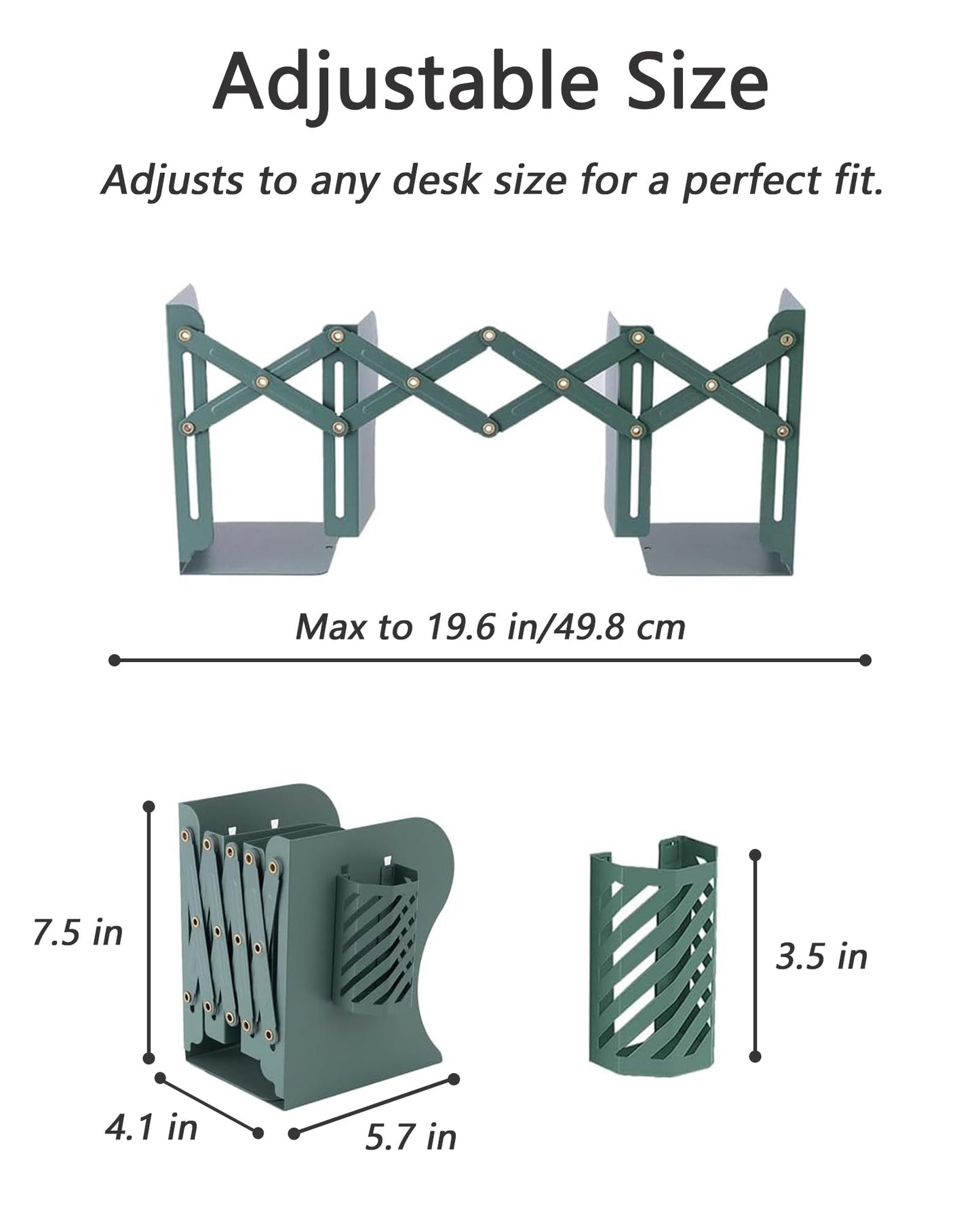 Kingsmile Book Ends, Adjustable Bookends for Shelves, Metal Bookends for Heavy Books, Book Stopper Organzier with Pen Holder for Desk, Kids Room, Office, Classroom, Library, Study Room.(Green)
