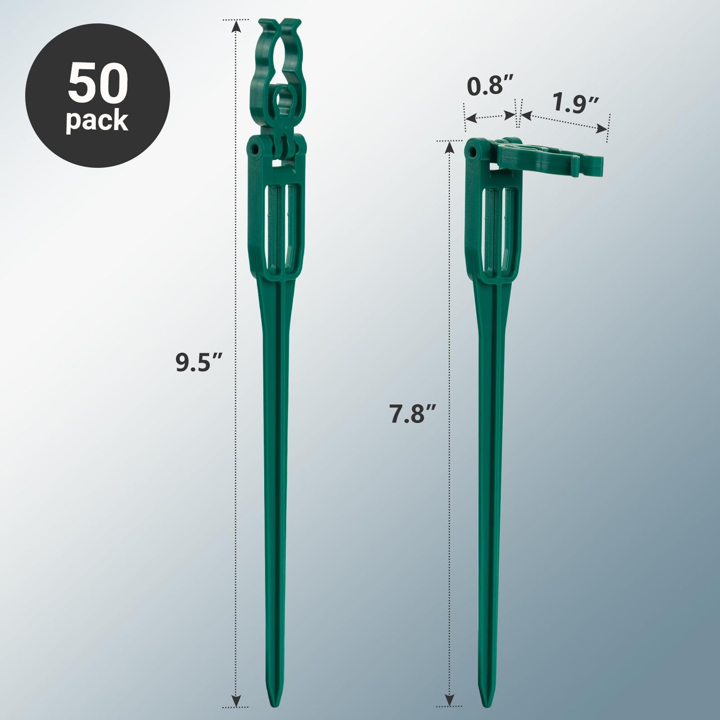 SURAIELEC 50 PCS Christmas Light Stakes, 9.5" Tall Stakes for C7 C9 Christmas Lights Outdoor, Univeral Plastic Light Stakes for Yard, Holiday Decorations, Pathway, Driveway, Lawn, Green