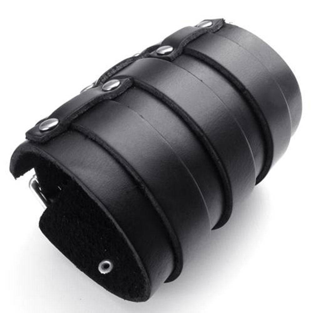jonline24h Wide Genuine Leather Triple Strap Men's Bangle Cuff Bracelet Wristband Punk Rock Adjustable Fits 7.5" to 9" Black