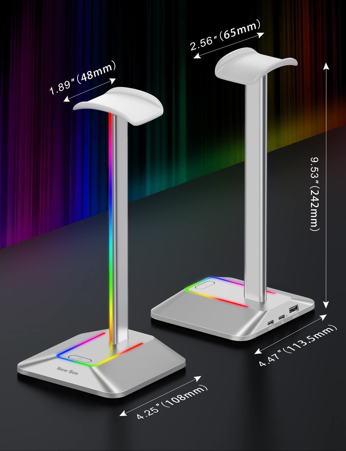 New Bee RGB Headphone Stand with 1 USB-C Charging Port and 1 USB Charging Port, Desk Gaming Headset Stand with 7 Light Modes and Non-Slip Rubber Base Suitable for All Earphone Accessories (Silver)