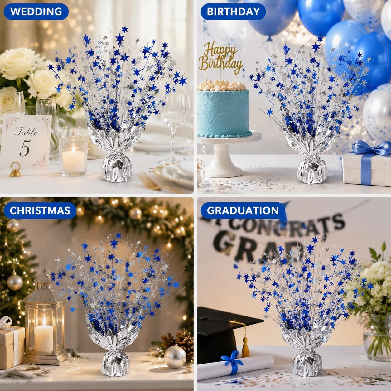 4 Pack Metallic Foil Spray Centerpiece Stars for Wedding, Birthday, Anniversary, Christmas Table Decor, Holiday Festival Baby Shower Graduation Mantle Party Decorations (Silver&Blue)