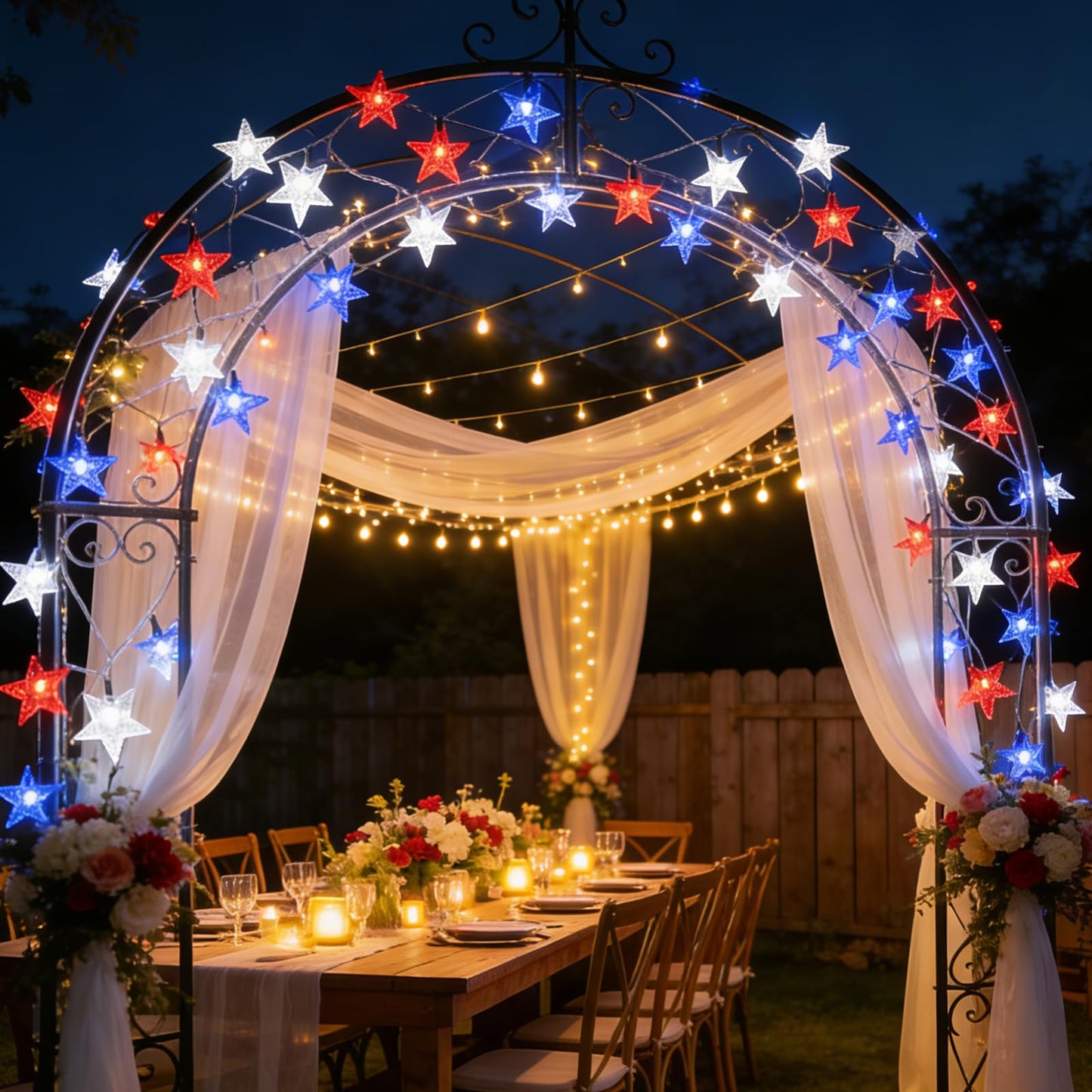 TWINGLEHOME 50 LED Patriotic String Lights Star 16FT (5M) with Clear Wire, Waterproof Battery Box, Multifunctional Modes Lighting (Red, Cool White, Blue) for Nation Day