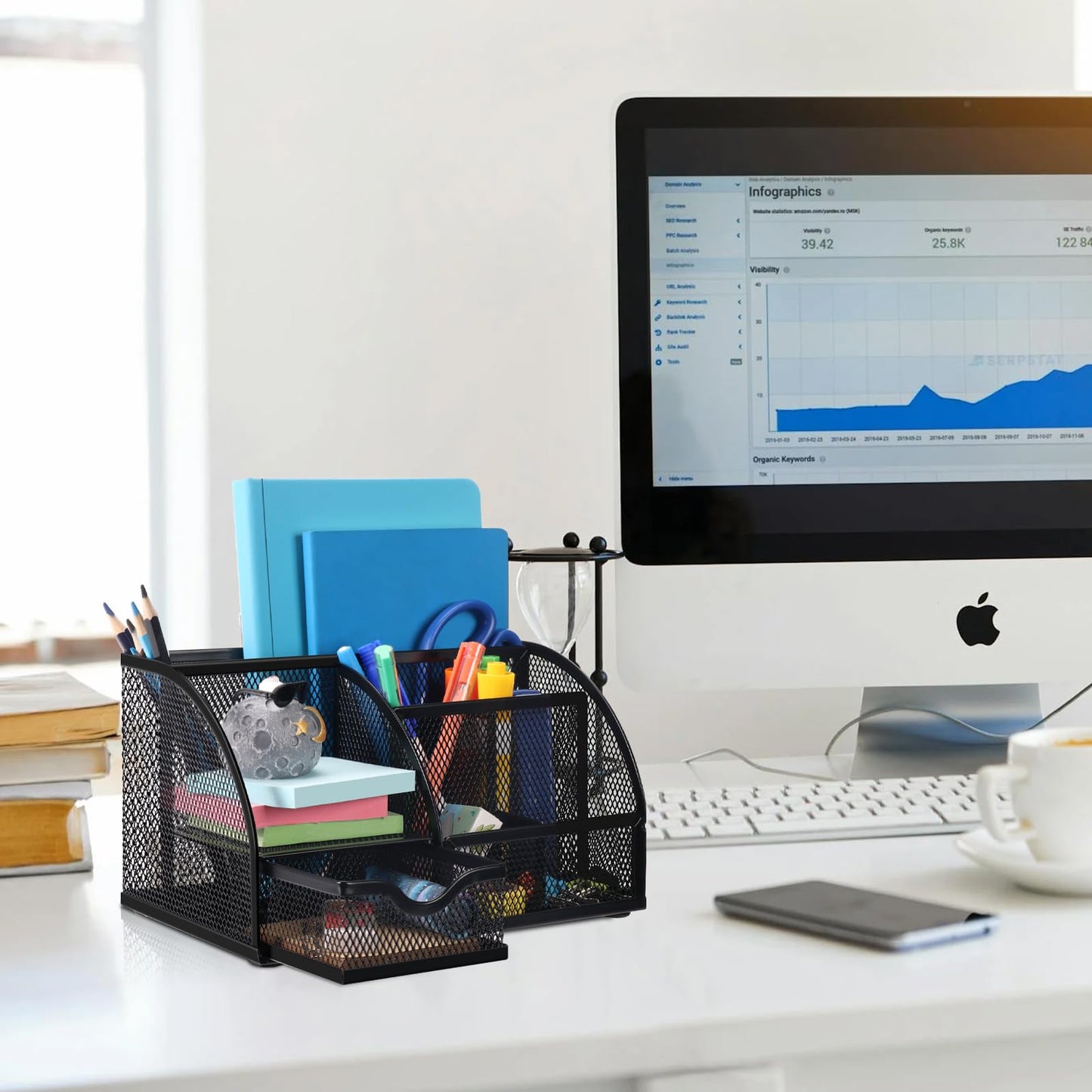Comix Mesh Pen Pencil Holder Desk Organizer, 7 Compartment Wire Desktop Pen Pencil Cup Caddy Office Supplies for Home Office School, Black