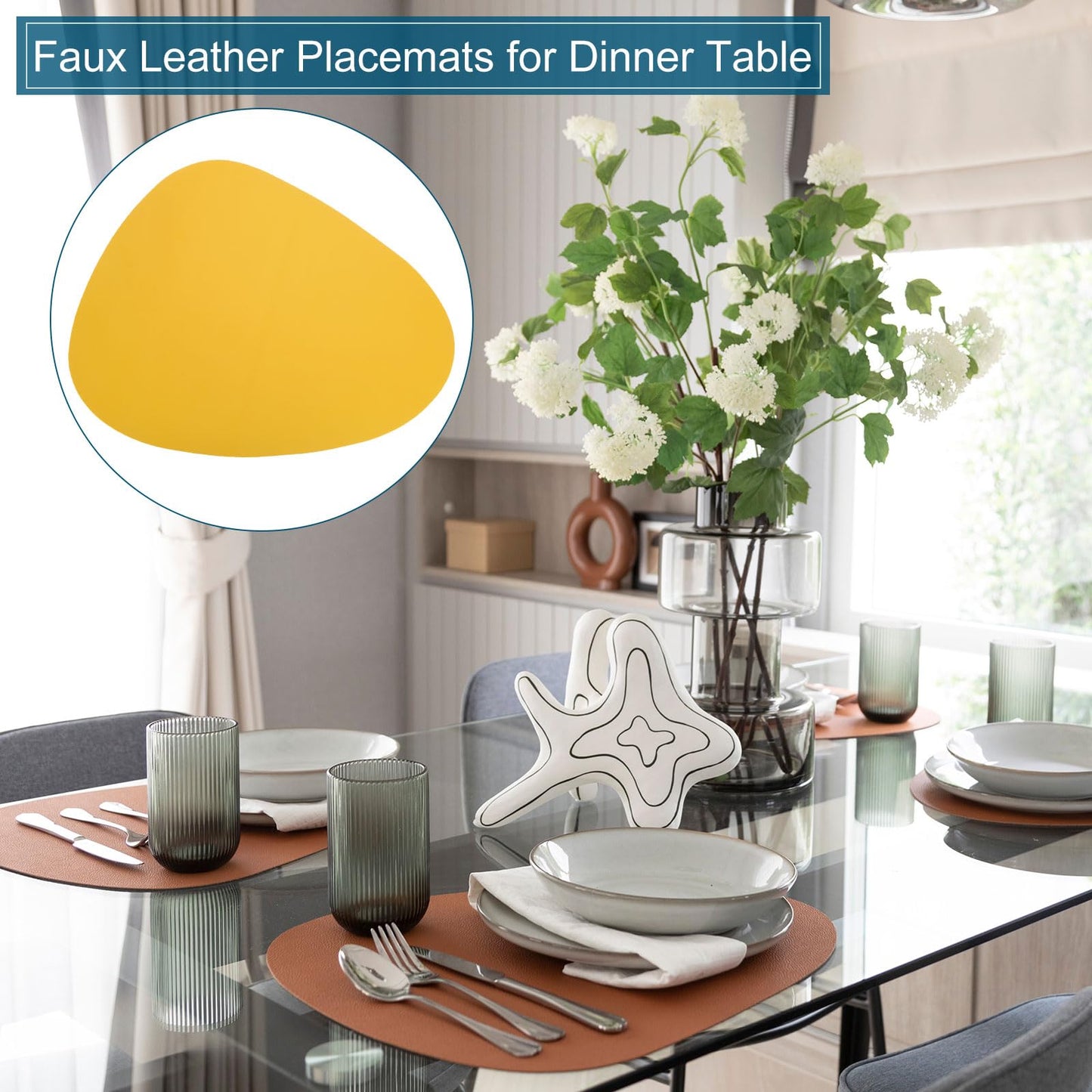 uxcell 4 Pcs Faux Leather Placemats for Dinner Table, PU Leather Drop-Shaped Table Mats Placemats Heat Resistant Waterproof Oil Proof Kitchen Placemats (Yellow)