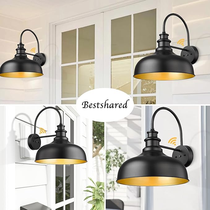 Bestshared 16 Inch Dome Large Dusk to Dawn Sensor Gooseneck Barn Light Farmhouse Outdoor Wall Sconce Industrial Exterior Wall Lighting Fixture, Outside Lantern Garage Lamp(Black+ Gold, 16” Dome-2Pack)