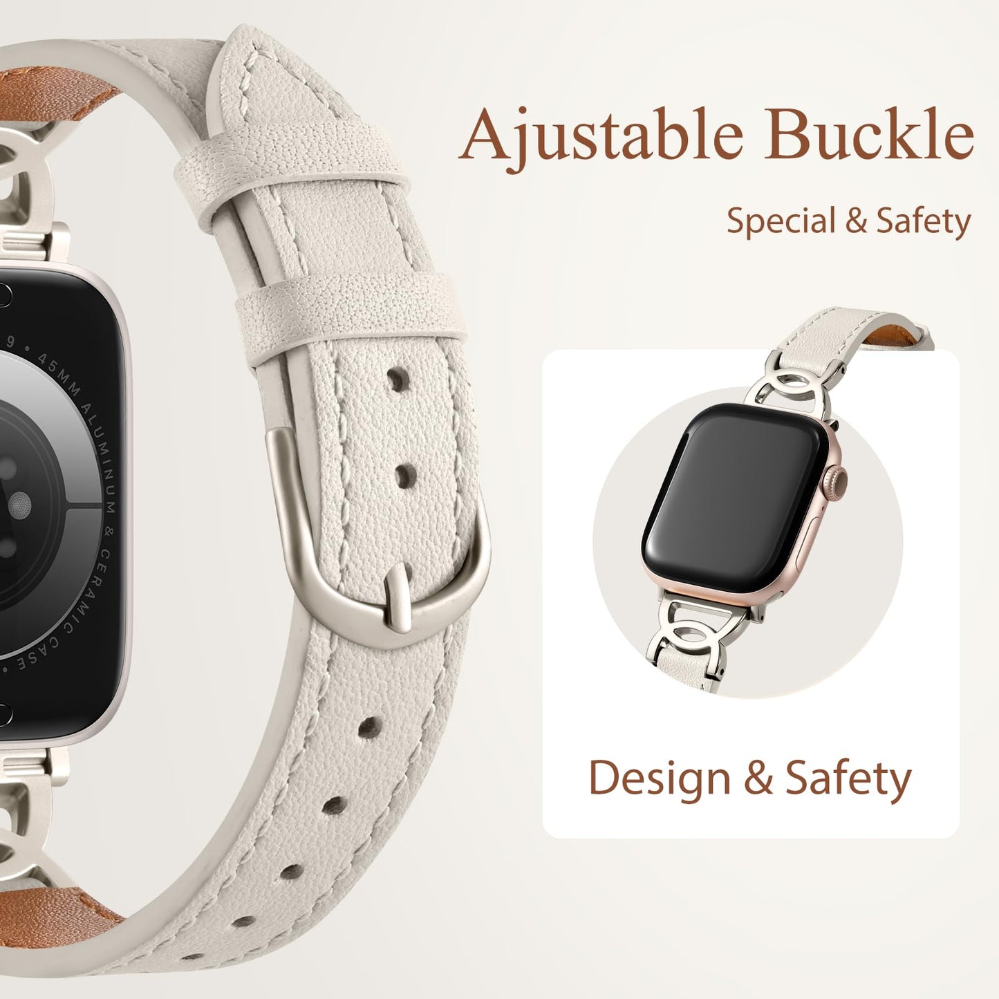 DaQin Slim Leather Band Compatible with Apple Watch Band for Women 40mm 38mm 41mm 42mm, Dressy Leather Strap with Designer DC-shaped Buckle for iWatch Bands Series 11 10 9 8 7 6 5 4 3 2 1 SE,Starlight