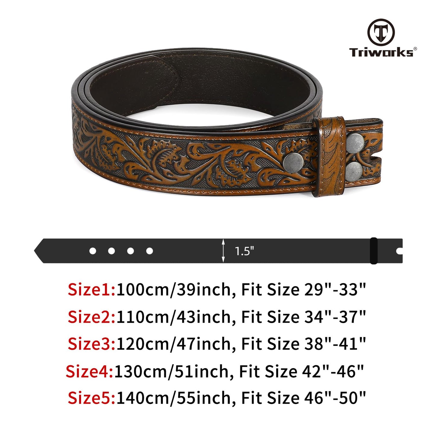 TRIWORKS Western Belt Strap for Men without Buckle 1.5" Wide Floral Engraved Embossed Leather Belt Strap