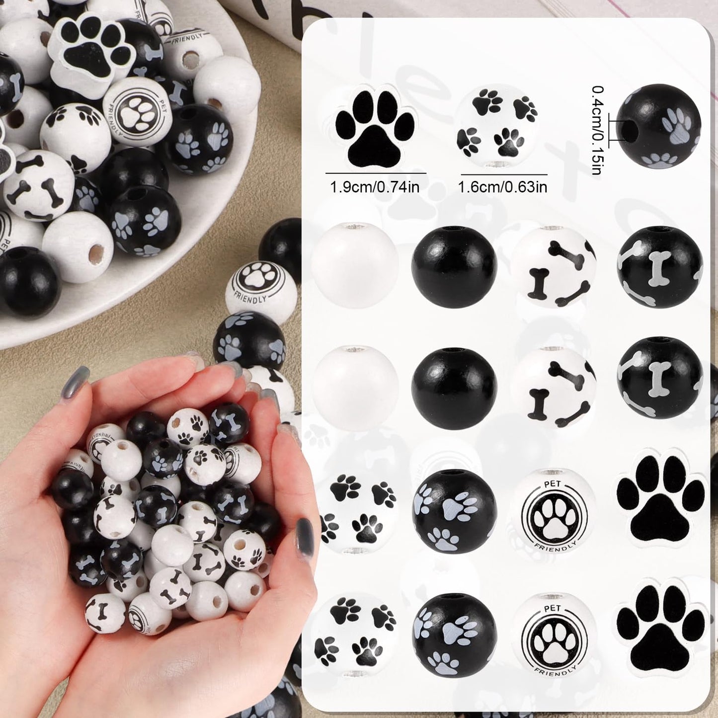225Pcs Dog Paw Beads Wooden Puppy Paw Footprint Beads, Cute Black and White Spacer Bead for Pet Charm DIY Pendant Jewelry Making Home Decor Party