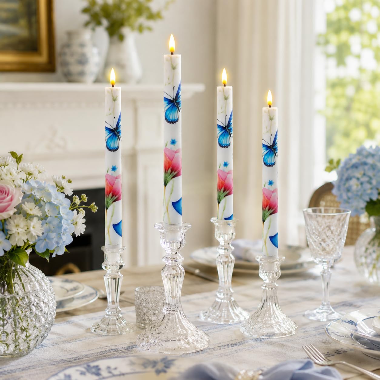 SEUCRWAX 10 Inch Flameless Taper Candles,LED Candlesticks Battery Operated with 10-Key Remote and Timer,4p Flame Lights for Wedding Decoration Party(Butterfly)