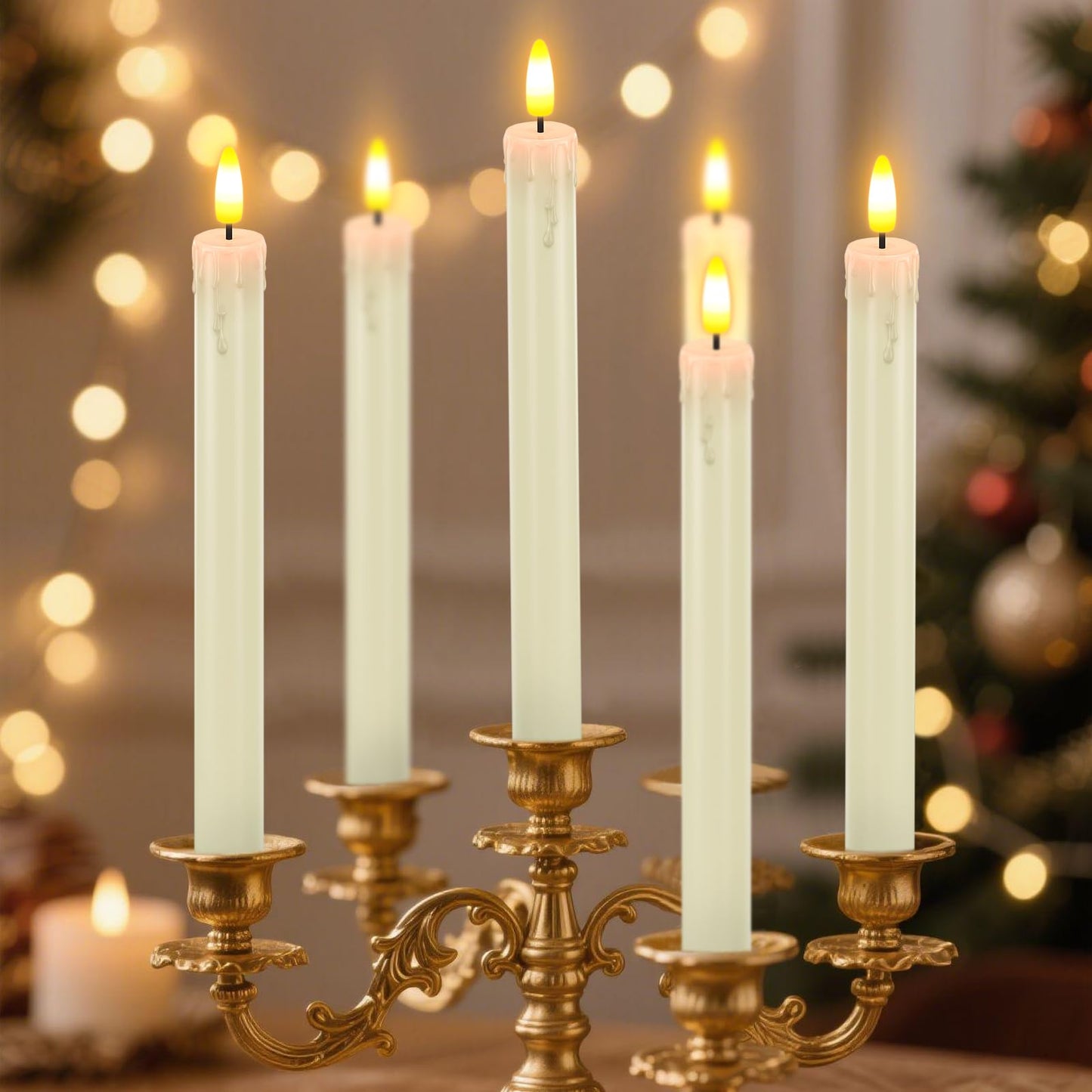 HL Flameless Taper Candles with Remote Timer, 450H+ Long Lasting Battery Operated LED Candlesticks with Warm 3D Flickering Flame, 9.6" Window Candles for Halloween Christmas Home Decor (Ivory 6Pcs)