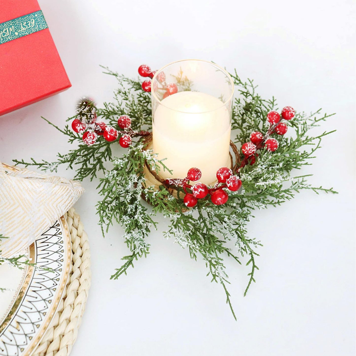 Small Christmas Wreath Candle Rings Artificial Cedar Cypress Wreaths with Red Berries, Candle Holders for Holiday Table Centerpiece Decor (Candle Rings 04)
