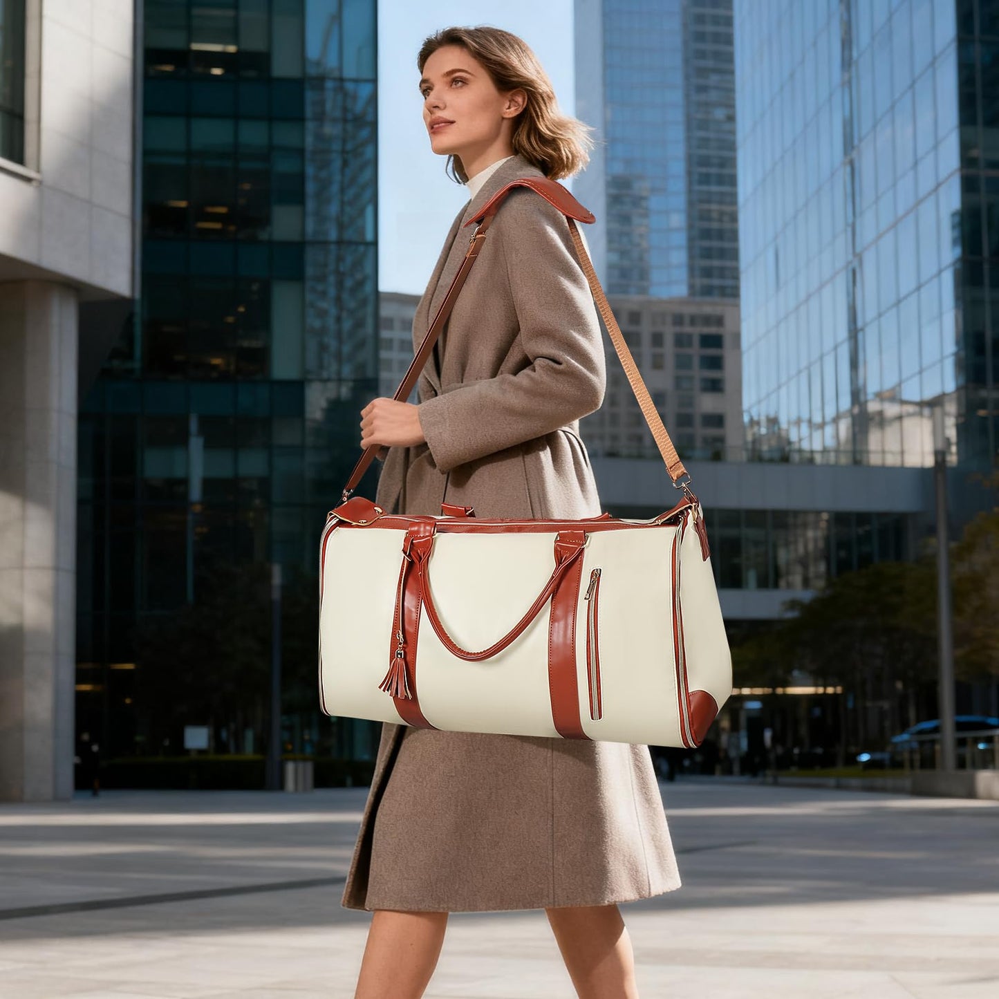 Geestock Garment Bag for Travel, Convertible Carry On Garment Duffle Bags for Women with Shoe Pouch & Detachable Shoulder Strap, Large PU Leather, 2 in 1 Hanging Suitcase Dress Suit Travel Bag, Beige