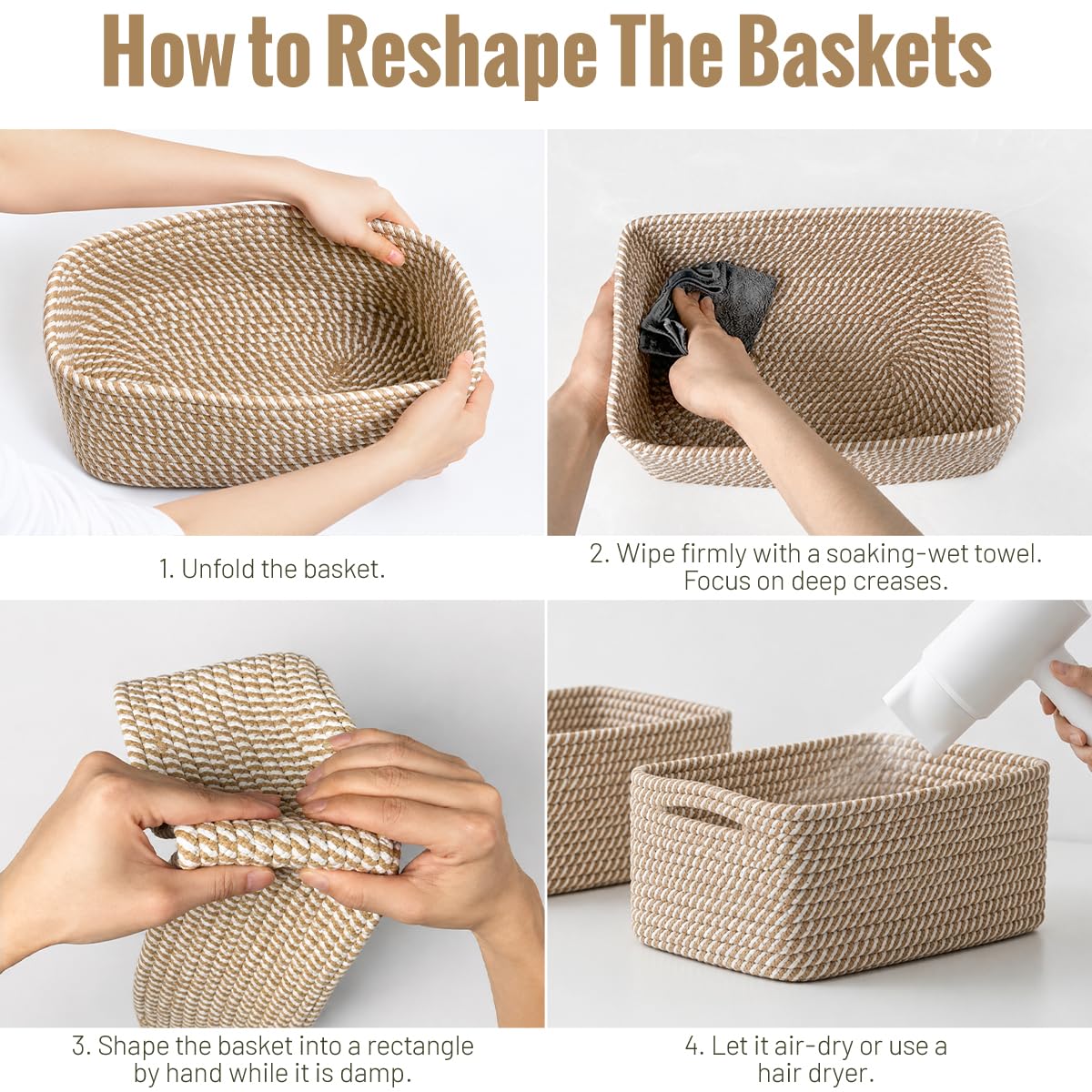 5 Pack Decorative Small Storage Baskets for Shelves, Cotton Rope Woven Basket for Organizing Bathroom, Nursery, Closet, Cabinet, Toys & Socks, Gift Baskets Empty, 11.8"x7.9"x4.7", Khaki
