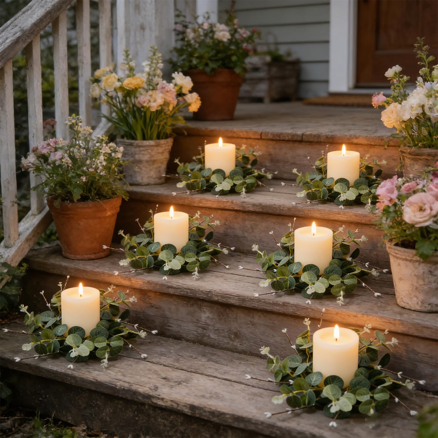 4 Pcs Small Spring Summer Candle Ring Wreaths with Artificial Eucalyptus Greenery White Buds Branches Mini Pillar Candle Holder Wreath for Home Table Centerpieces Kitchen Wedding Farmhouse Party Decor