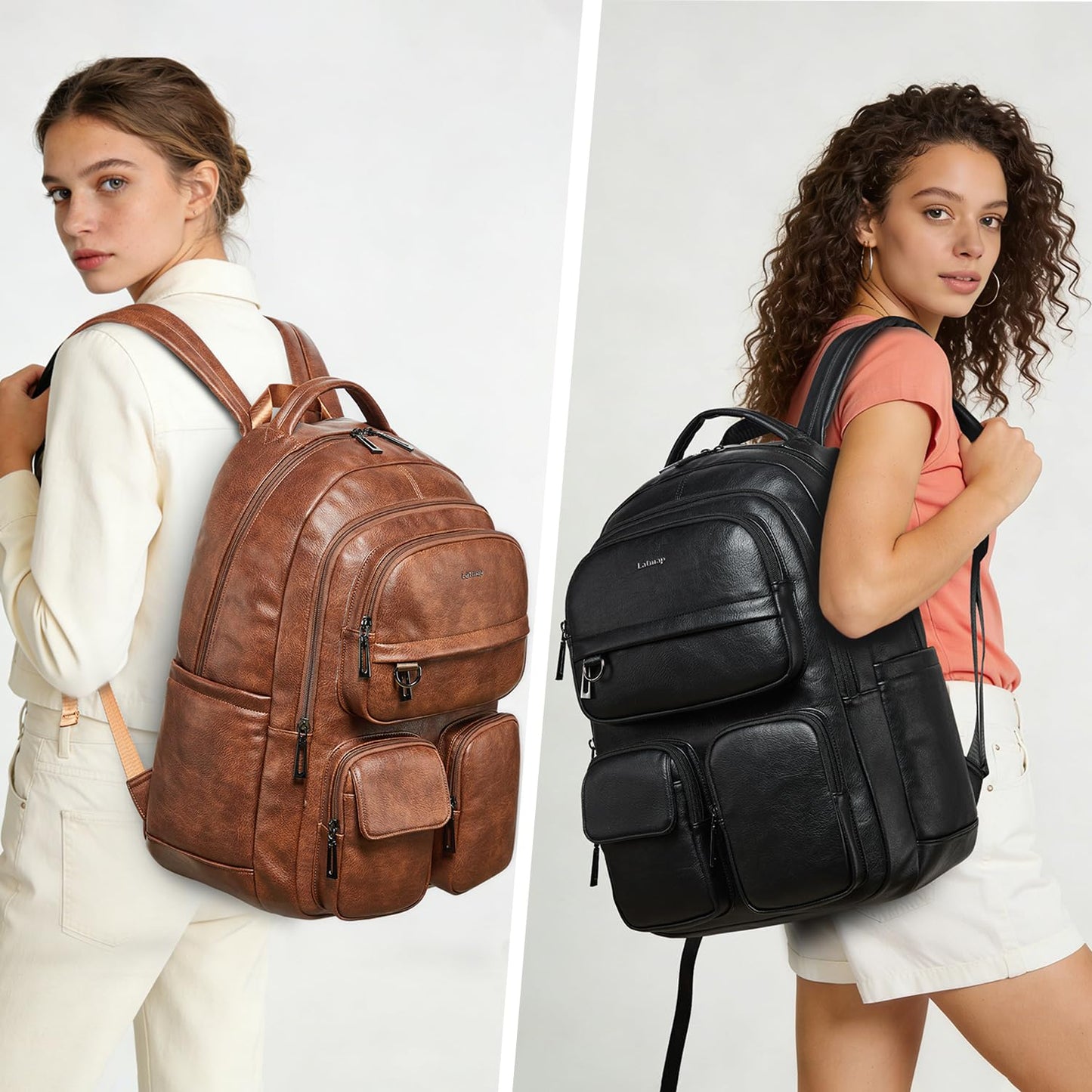 LATMAP Vegan Leather Backpack Purse for Women Men 17 Inch Laptop Backpack for Travel Multipurpose Design Ladies Work College Handbag Shoulder Bag - Brown