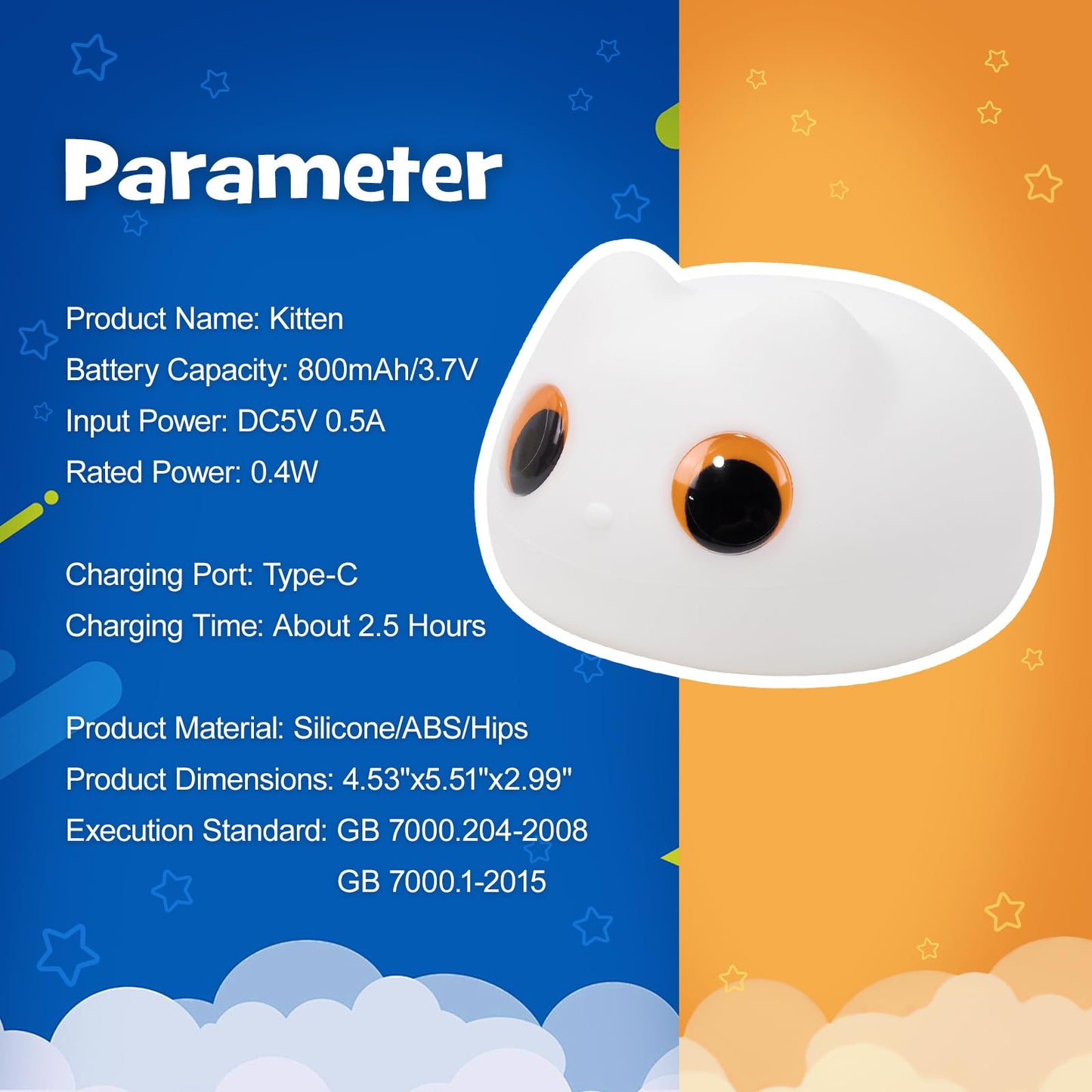 Squishy Cat Night Light 2 Brightness Adjustable Cute Big Eyes Kitty Light with 20mins Timer Nursery Breastfeeding Nightlight Rechargeable Silicone Touch Bedside Animal Lamp for Home Bedroom Dorm Decor