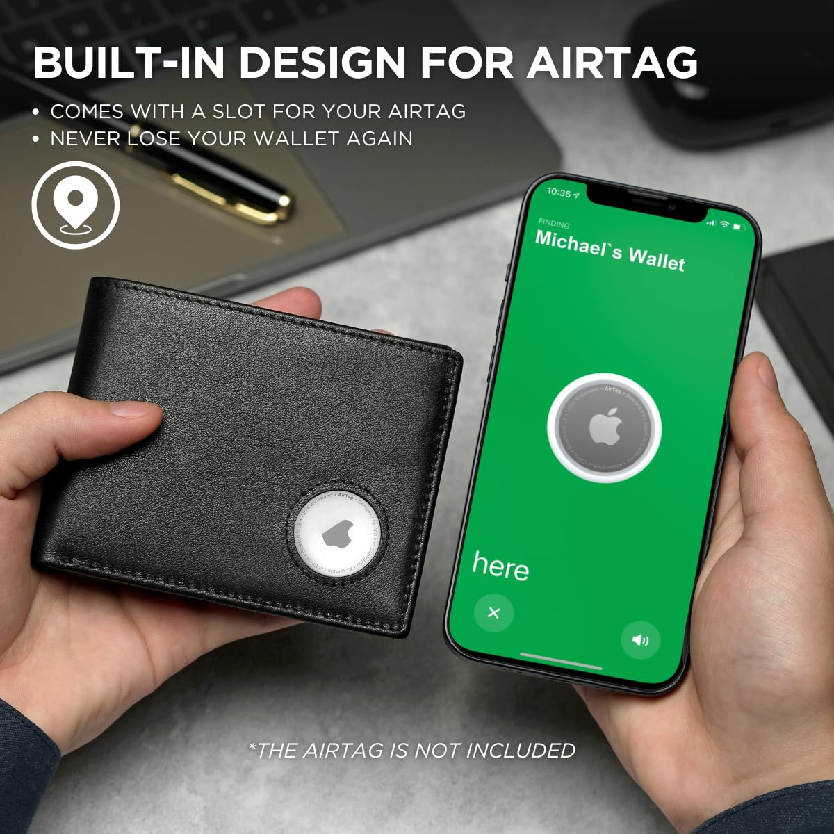 KLOMORE AirTag Chain Wallets for Men (Airtag Not Included), Sleek and Slim, RFID Blocking Genuine Leather Bifold Mens Wallet Includes ID Window Credit Card Holder with Sturdy Chain
