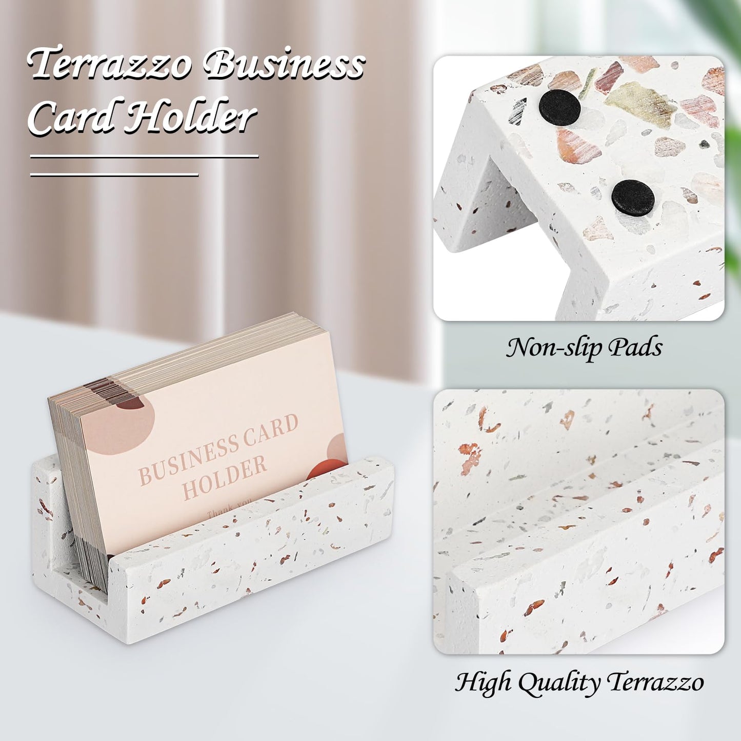 Hipiwe Business Card Holder for Desk Terrazzo Business Card Display Stand Desktop Cards Display Stand for Women Men Concrete Business Card Stand Organizer for Office