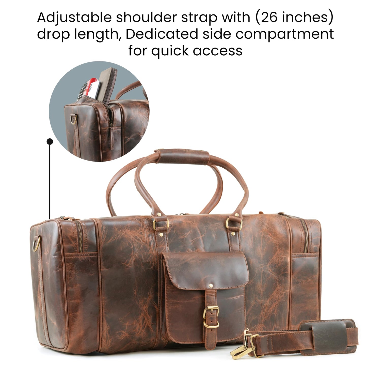 Handmade World Leather Duffle Bag for Men – Full Grain Buffalo Leather Weekender Travel Bag, Large Carry On Overnight Gym Bag, Handmade Rustic Brown Leather Luggage 24 Inch (Crunch Leather)
