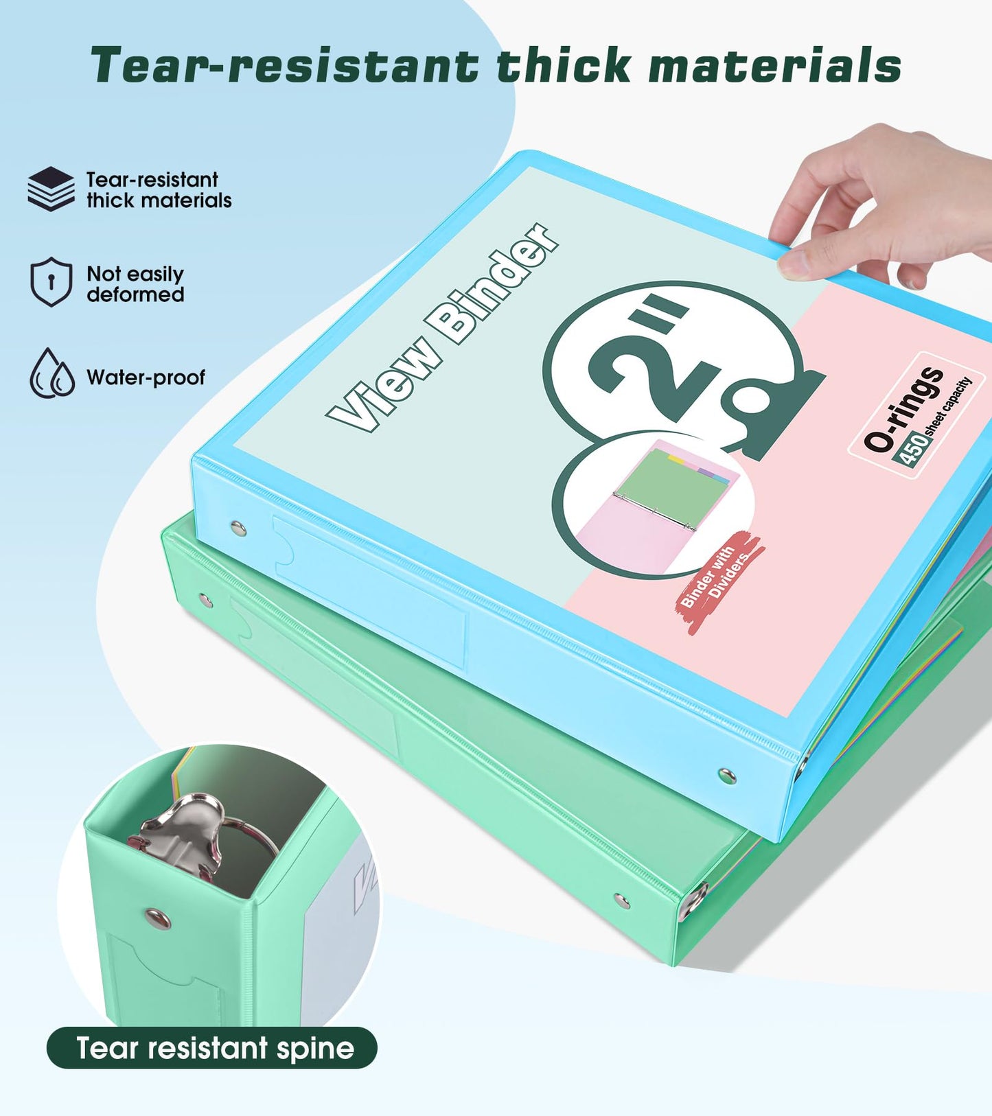3 Ring Binder 2 inch,Cute Binder Organizer with 5 Tab Dividers Fits 175 Sheets of 8.5x11 Paper, Customizable Clear Cover with Inside Pockets, Aesthetic 2" Three Ring Binders for School Office,Green