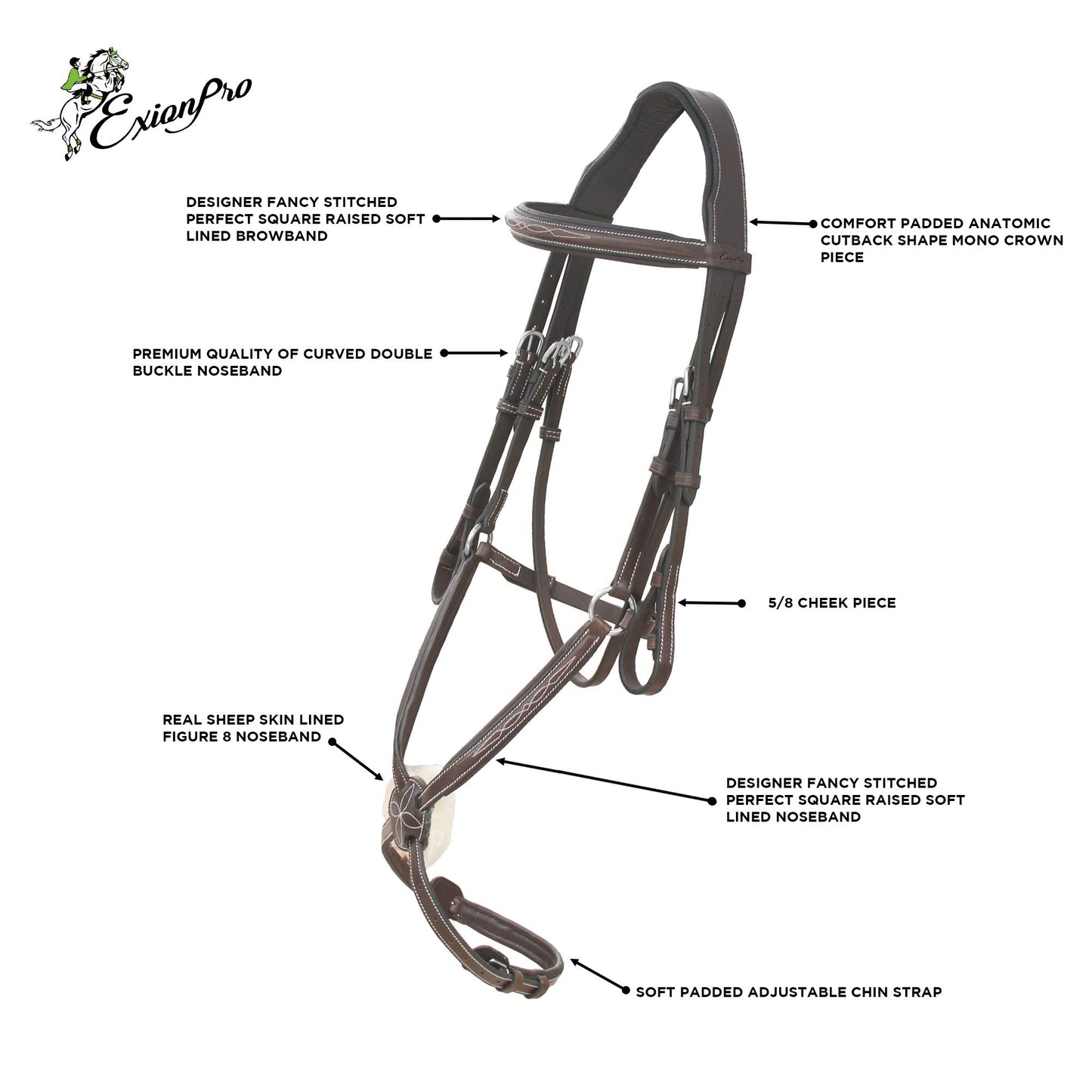 ExionPro Exion English Jumping Bridle with Flash & Rubber Reins – Anatomical Padded Horse Bridle – Premium Leather Designer Stitched Hunter Jumper Tack – Brass Buckles – Pony, Cob, Full, Warmblood