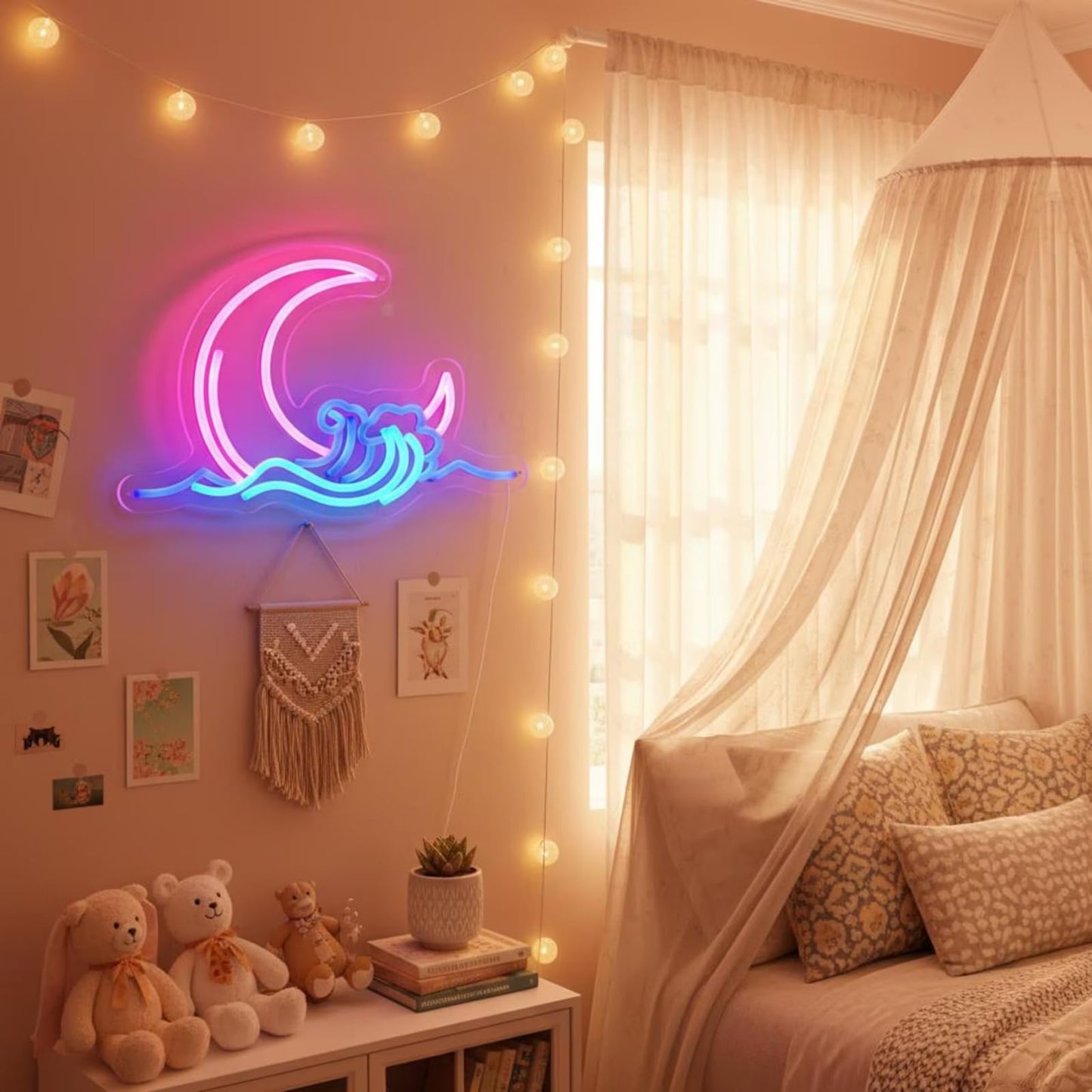 Moon and Wave Neon Sign for Wall Decor Pink Moon Blue Wave LED Neon Light for Bedroom Dresser Aesthetic Room Decor USB Powered Wall Art for Living Room Bar Kid's Room Ideal Teens Girls Gifts