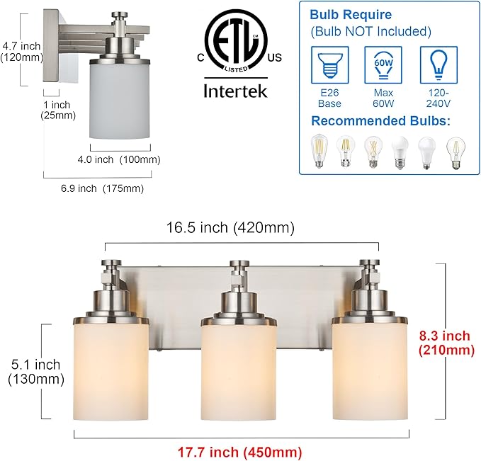 MELUCEE 3 Light Vanity Lights, Brushed Nickel Bathroom Light Fixtures with Milky White Glass Shade, Modern Wall Lights for Mirror Living Room Dressing Room Hallway, E26 Base
